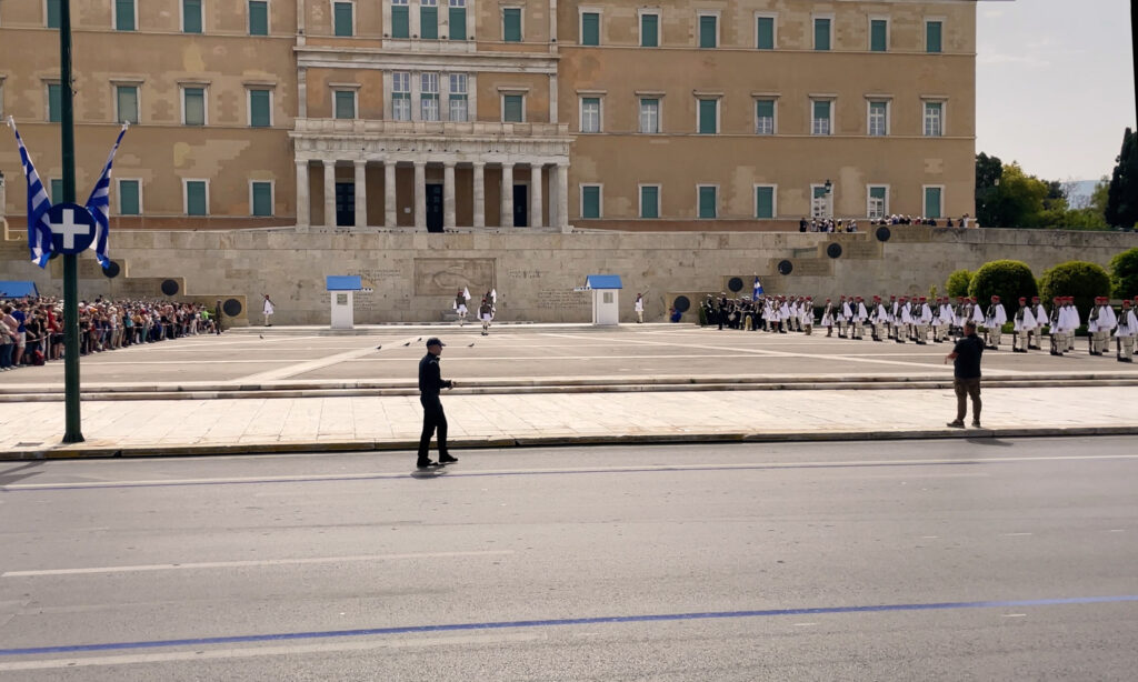 Athens Changing of the Guard ceremony at the tomb of the unknown soldier in front of the Parliament building.