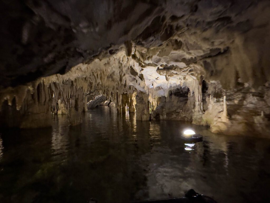 A moody part of the Diros Caves, the stalactites come right down to the water line.