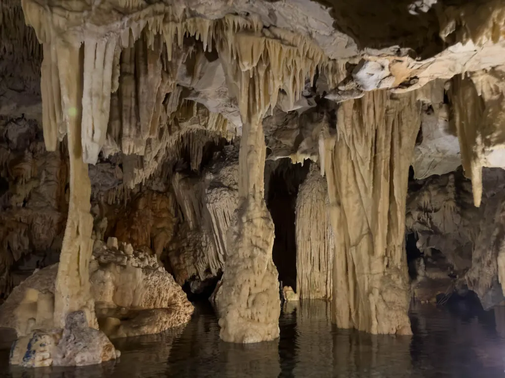 Stunning examples of stalagmites and stalatites in Diros Caves, Greece.