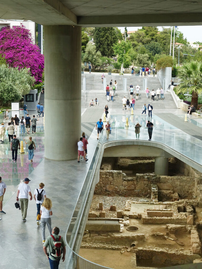 The dramatic entrance to the Acropolis Museum in Athens overlooks the remnants of an ancient Athenian neighborhood.