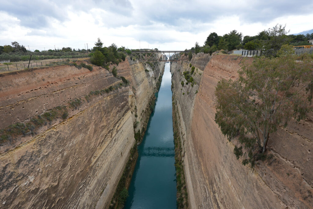 The Corinth Canal and bridge.