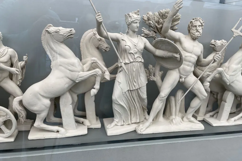 An Acropolis Museum reconstruction of a Parthenon pediment depicting the contest between Athena and Poseidon.