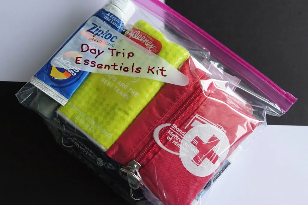 The packed day bag essentials kit, which is a one-quart bag filled with small but useful items for any day trip.