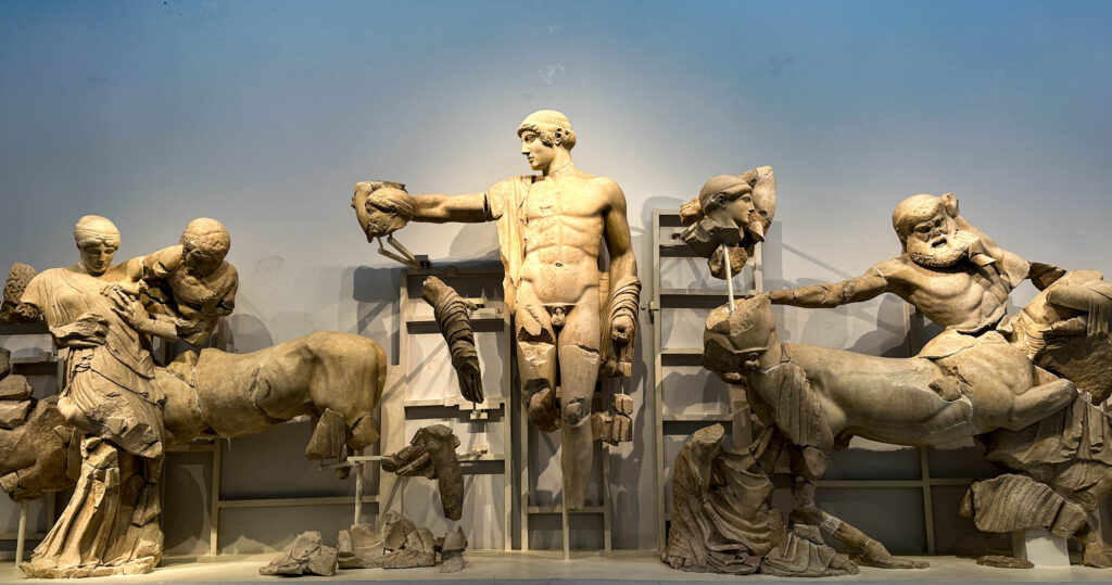 Marble statues found in the archaeological site of Olympia.