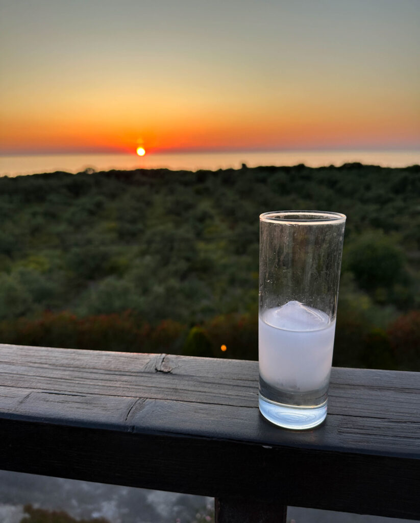 Our last ouzo and sunset on our Peloponnese Road Trip.