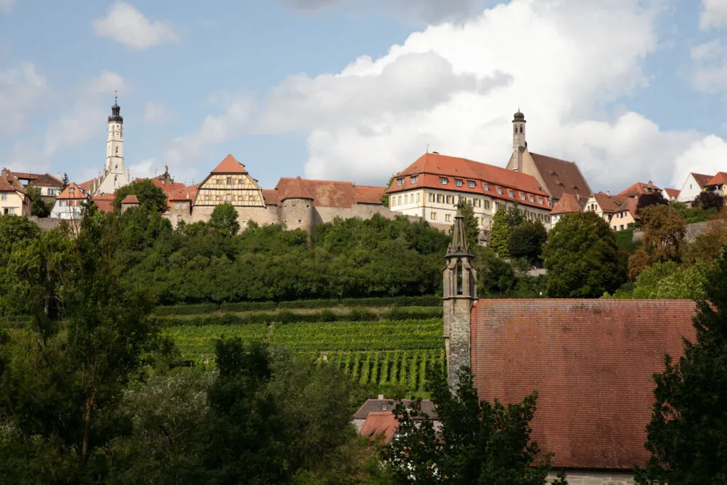 A view of Rothenburg ob der Tauber from below the walled city.