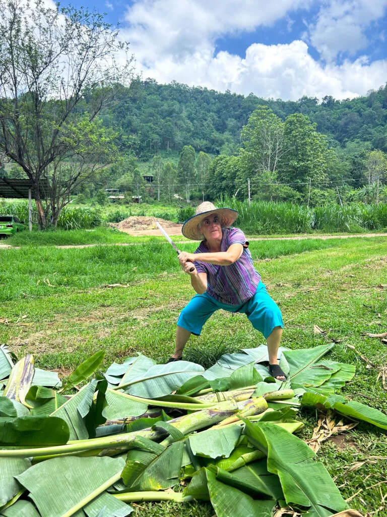 Corinne learning how to wield a machete to feed the elephants banana stalks.