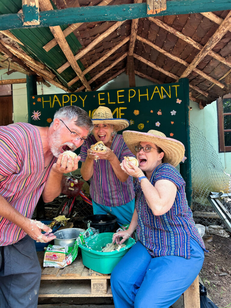 Corinne, Jim, and Ernestine pretending to eat the elephant medicine balls at Happy Elephant Sanctuary.